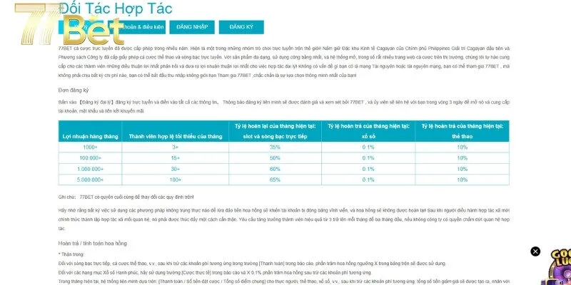 Chính sách hoa hồng đại lý 77bet chi tiết