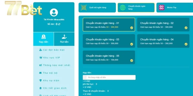 Hướng dẫn thao tác nạp tiền 77bet đơn giản qua nhiều cách